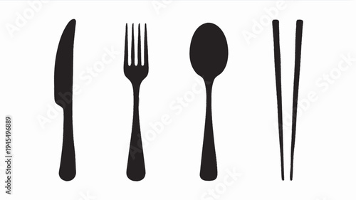 Knife Fork Spoon and Chopsticks Cutlery Silhouette Icon Set