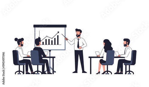 A group of business professionals engaged in a meeting with a presentation