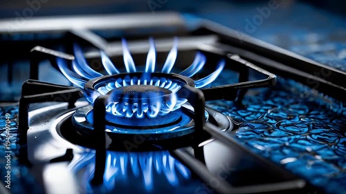 Gas stove burner with blue flame burning