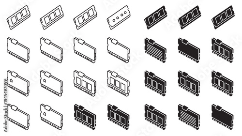 RAM modules set with isometric view, digital representation of computer memory sticks, black and white icons.