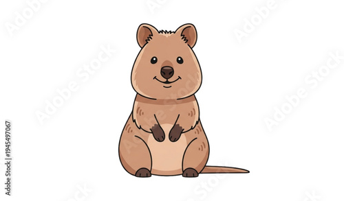 A cute cartoon quokka sitting and smiling on a white background