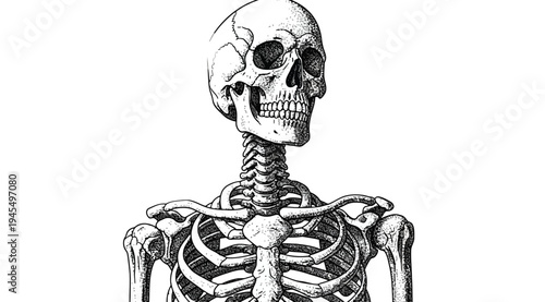 A detailed illustration of a human skeleton from the waist up, depicted in black and white, isolated on white background