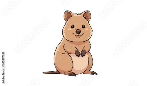 A cute cartoon quokka sitting on a white background with a smile