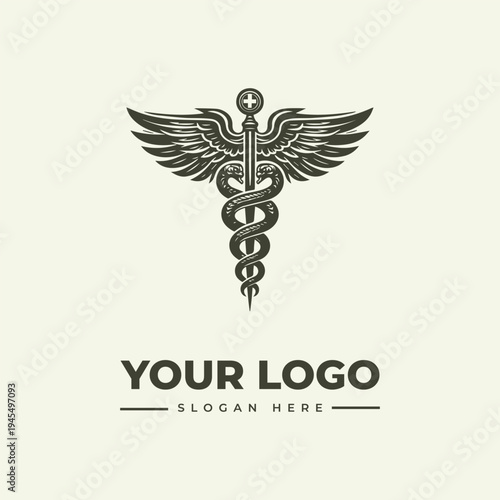 A vintage-style woodcut illustration of a medical caduceus symbol with wings and snakes, accompanied by a logo template and placeholder text on a beige background.