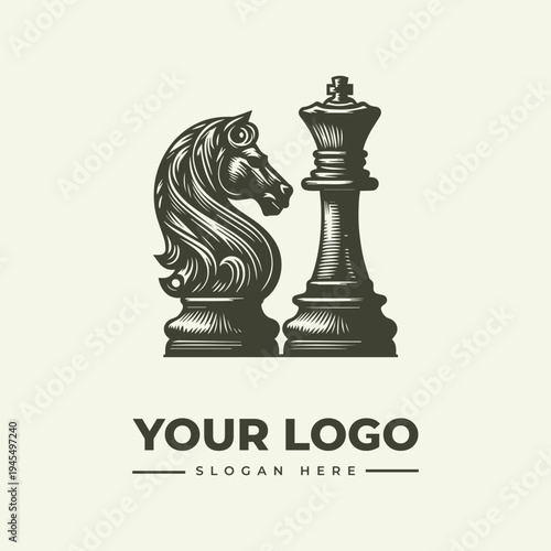 A vintage-style woodcut illustration of a chess knight and king with a logo placeholder and slogan on a beige background.