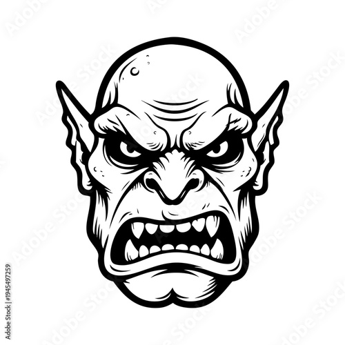 Cabeza de criatura fantástica. Dibujo sencillo con líneas de la cabeza de un orco enojado