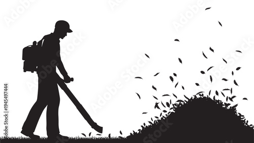 Leaf blower silhouette with a pile of leaves and scattered leaves against a white background, symbolizing autumn cleanup tasks.