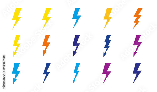 A set of colorful lightning bolt icons in various vibrant hues and styles