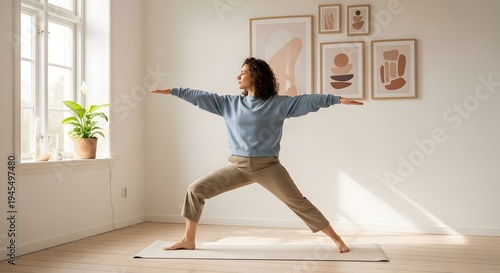Woman Practicing Yoga at Home, Warrior Two Pose