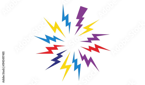 A colorful vector graphic of lightning bolts exploding in all directions