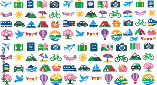 Spring Travel Ideas Icons Set Vacation Adventure Outdoor Exploration