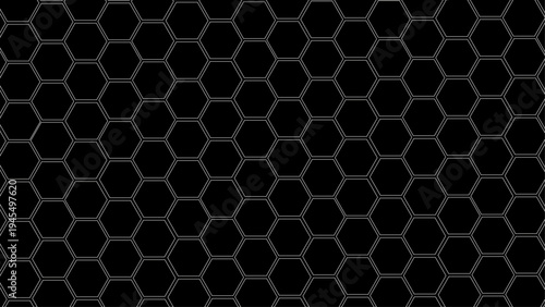 Black Hexagon Honeycomb Pattern Background, Minimal White Outline Geometric Grid, Futuristic Technology Network Texture with Hexagonal Shapes for Wallpaper, Banner, Web Design and Digital Background
