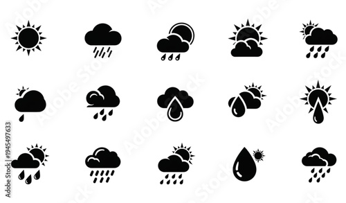 A set of weather icons in a flat, minimalist design style