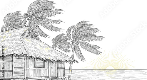Vector illustration of a tropical hut with palm trees at sunset
