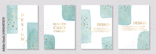 Modern abstract design with teal blue watercolor stains and golden splashes.Wedding invitations, greeting and business cards, rsvp templates.