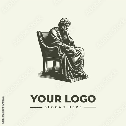 A monochromatic illustration of a seated philosopher with a contemplative expression, sitting in a chair with a classic design, against a clean background, incorporating a logo placeholder