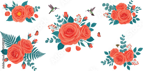 Vibrant floral pattern with roses hummingbirds and tropical leaves on white background