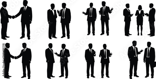 Business people silhouette set cad drawing flat vector illustration featuring professional men and women shaking hands and talking in office isolated.