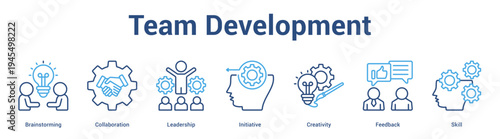 Team Development web banner icon set vector illustration concept for business with icon of Brainstorming, Collaboration, Leadership, Initiative, Creativi.