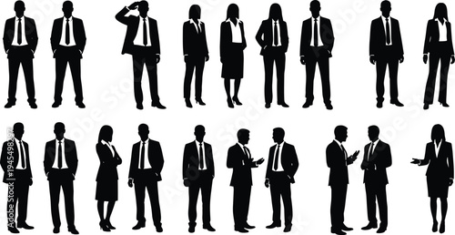 Business professional team silhouette set cad drawing flat vector illustration featuring men and women in suits talking and posing isolated.