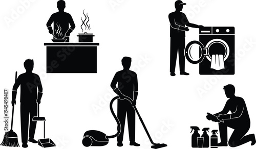 Household chore silhouettes, domestic cleaning outline, cooking figure design, laundry icon illustration, vacuum posture motif, home maintenance art