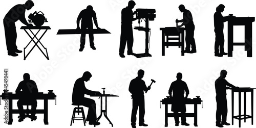 Carpenter worker silhouette set cad drawing flat vector illustration featuring men with saws hammers and workbenches in a woodworking workshop.