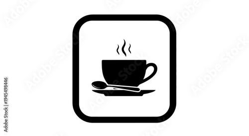 Black and white vector icon of a hot cup of coffee with steam on a saucer with a spoon