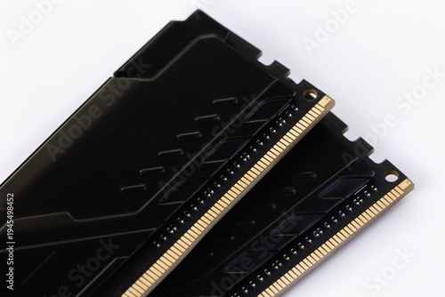 Computer memory RAM close up, macro on a white background. System, main memory, random access memory, computer detail. Computer components