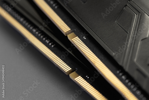 Computer memory RAM close up, macro. System, main memory, random access memory, computer detail. Computer components