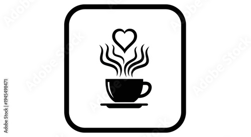Simple black and white icon of a coffee cup with steam forming a heart shape
