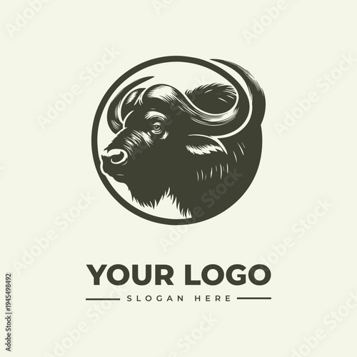 A vintage-style woodcut illustration of a bison head in a circular frame with a logo and slogan text on a beige background.