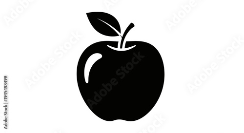 A simple black silhouette icon of a fresh apple with a stem and leaf