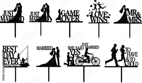 Wedding cake topper silhouettes, romantic couple outline, love celebration design, marriage icon illustration, engagement motif art, anniversary decoration figure