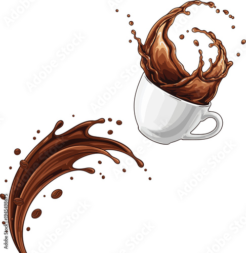 Dynamic Coffee Splash with White Cup and Roasted Coffee Beans Vector Illustration