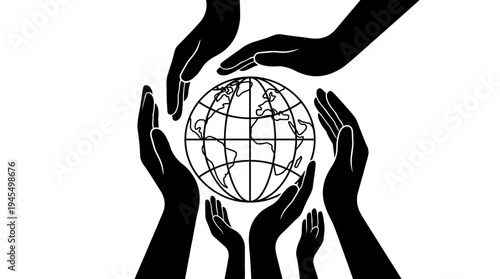 Hands sheltering globe, symbolizing global protection and care. The illustration depicts hands encircling and safeguarding the Earth.