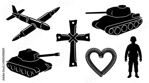Silhouette images representing various symbols of conflict and love, including a fighter aircraft, a tank, a cross, a heart, and a soldier