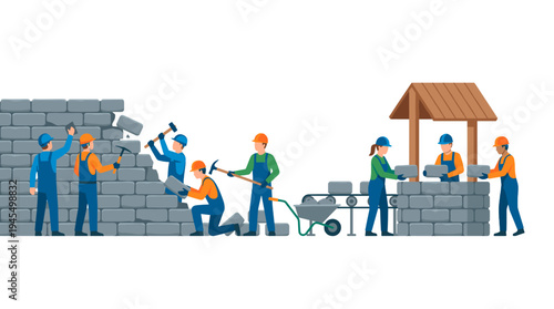Construction workers building a wall with bricks. Different workers are involved in the construction process.