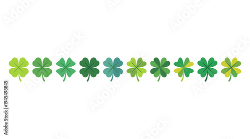 An array of vibrant four-leaf clovers in various shades of green, lined up and beautifully illustrated. Perfect for St. Patrick's Day celebration