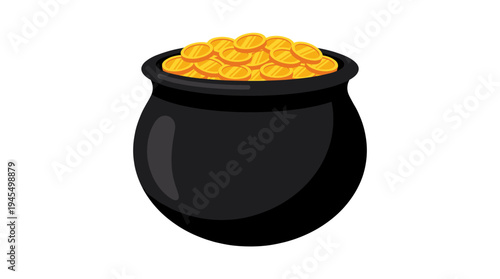 A black pot overflowing with shiny gold coins. A symbol of wealth, prosperity, and good fortune
