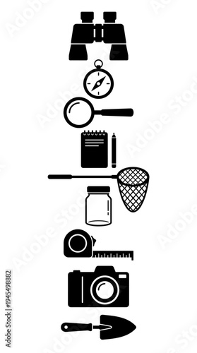 collection of outdoor exploration equipment in silhouette form. Includes binoculars, compass, magnifying glass, notepad and pen, butterfly net, jar, measuring tape, camera, and trowel