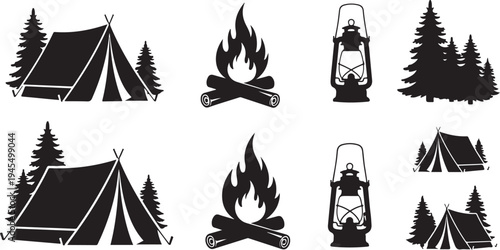 Camping icons and symbols in black and white color