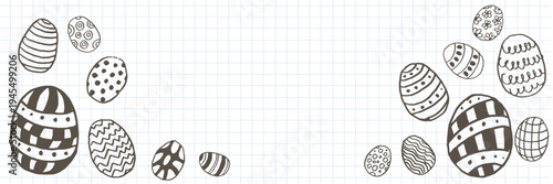 A festive Easter background with hand-drawn black and white eggs. A template for a banner with spring holiday greetings.
