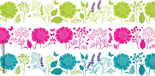 Colorful floral patterns with trees and plants in green pink and blue on white background