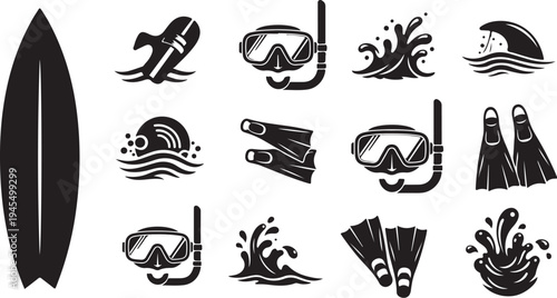 Snorkeling and surfing icons in black and white illustration
