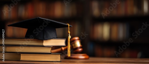 Graduation cap on books in a library setting.