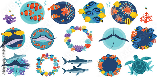 Vibrant ocean creatures and coral reef illustrations in various shapes and sizes colorful sea life