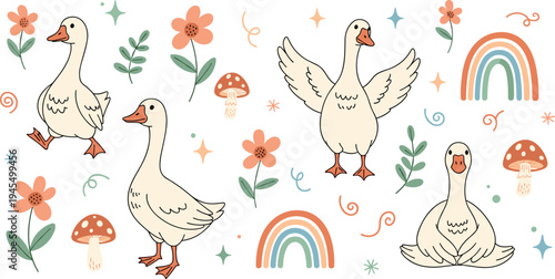 Cute goose cartoon character set with flowers mushrooms rainbow leaves nursery kawaii pastel vector illustration collection