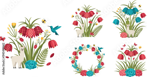 Colorful floral arrangements with tulips and other flowers and a bird