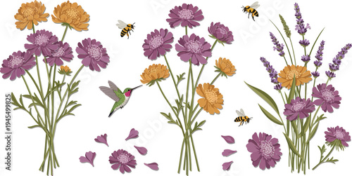 Colorful illustration of purple and orange flowers with butterflies and bees on white background