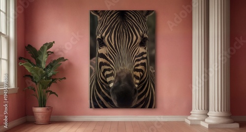 striking zebra portrait displayed as wall art in a modern interior.